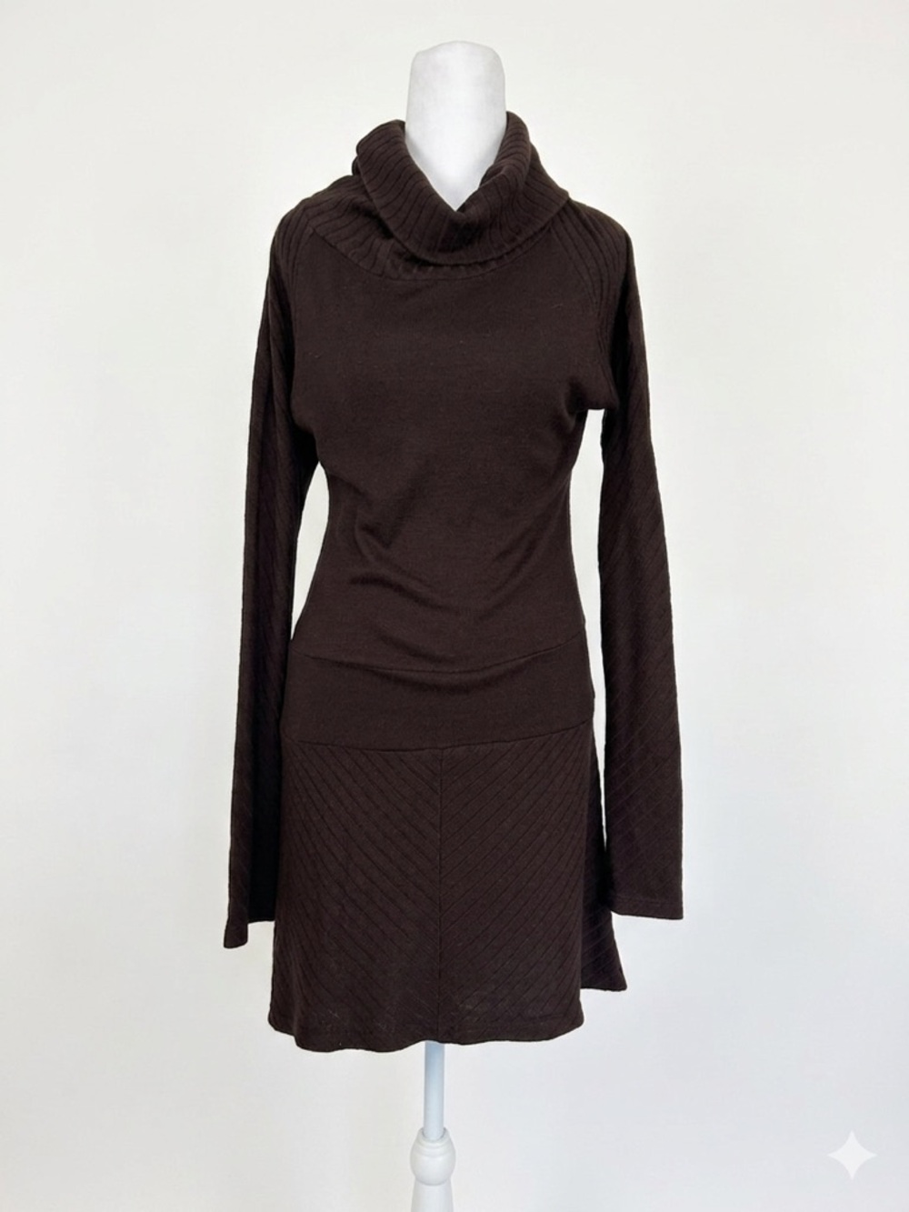 House of Spy Wool Blend Cowl Neck Sweater Dress Size Large‎ Brown Ribbed Knit